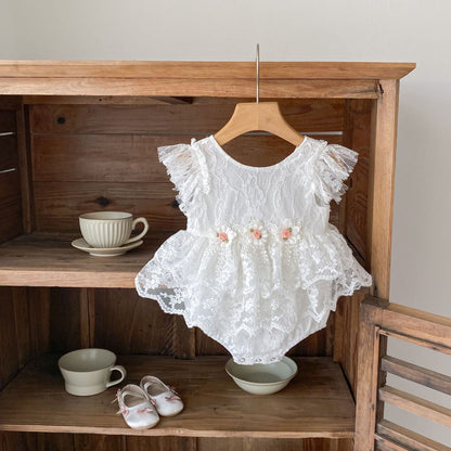 半袖ロンパース ローズ刺繍レースドレスロンパース【mh0010176】