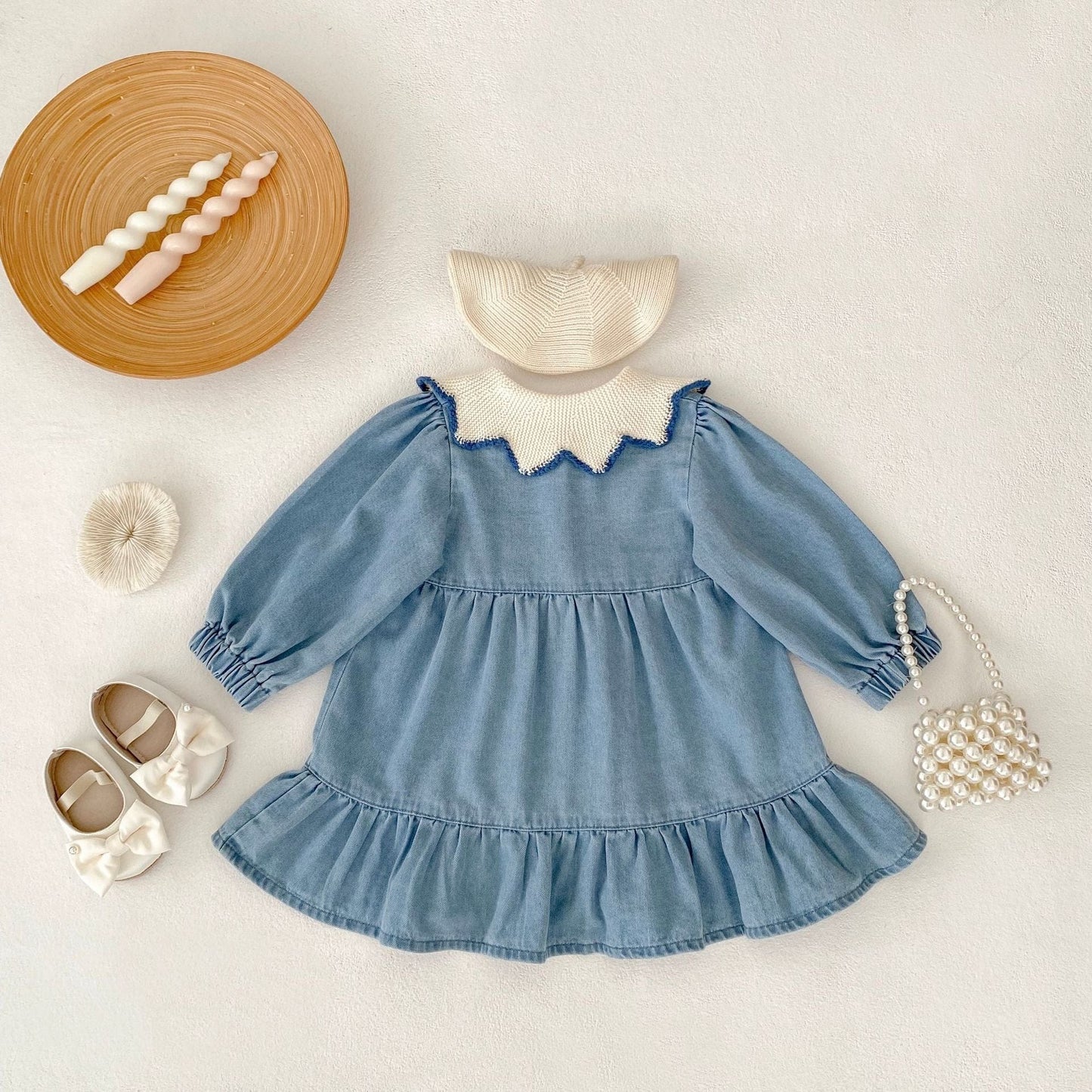 長袖ワンピース ニット襟デニム長袖ワンピース【mh0010503】