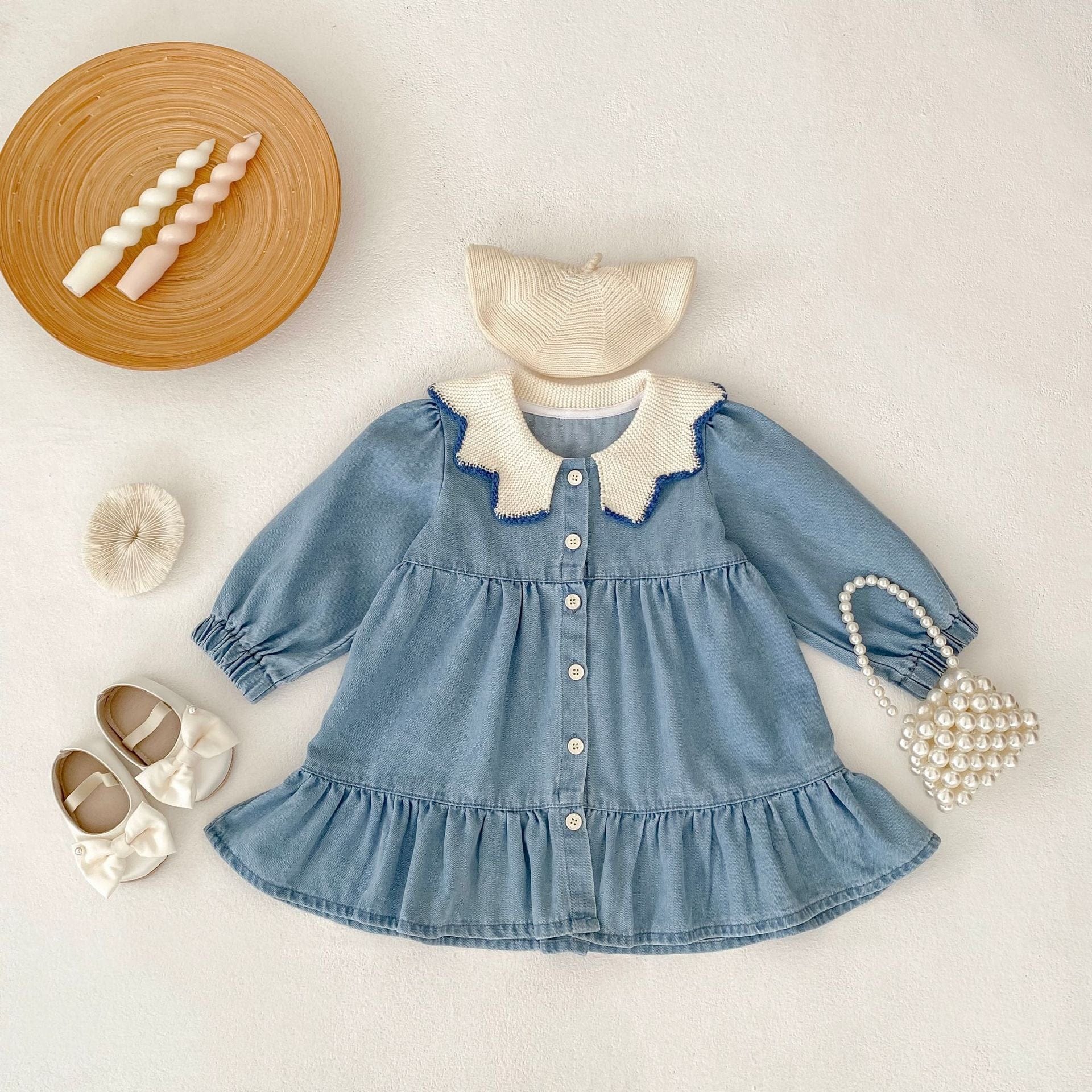 長袖ワンピース ニット襟デニム長袖ワンピース【mh0010503】