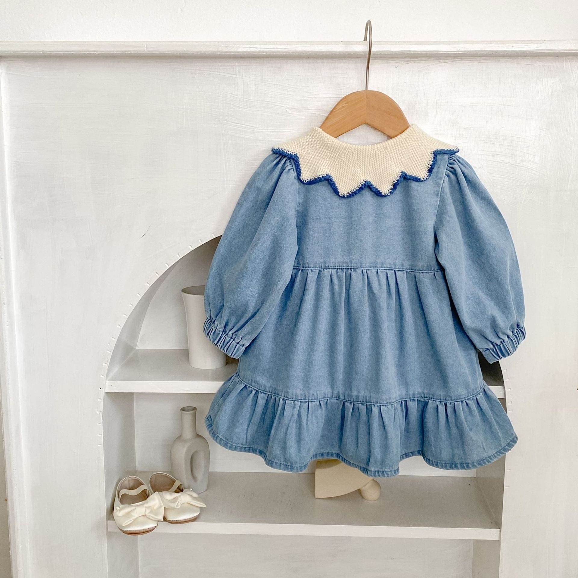 長袖ワンピース ニット襟デニム長袖ワンピース【mh0010503】