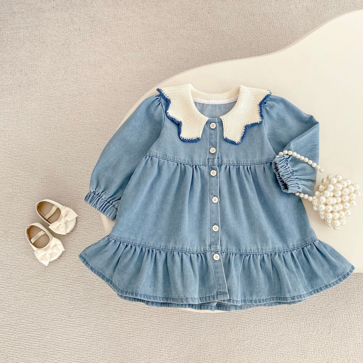 長袖ワンピース ニット襟デニム長袖ワンピース【mh0010503】