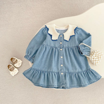 長袖ワンピース ニット襟デニム長袖ワンピース【mh0010503】