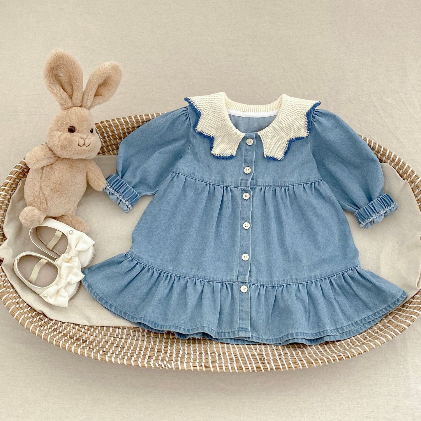 長袖ワンピース ニット襟デニム長袖ワンピース【mh0010503】