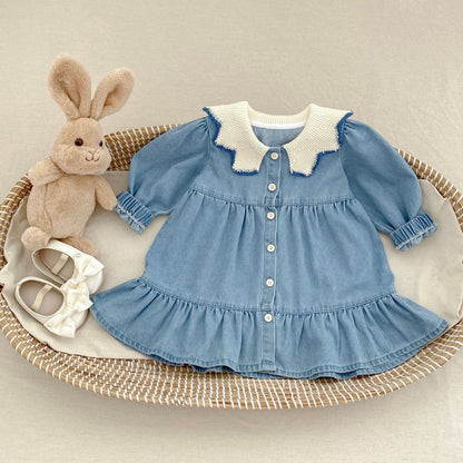 長袖ワンピース ニット襟デニム長袖ワンピース【mh0010503】