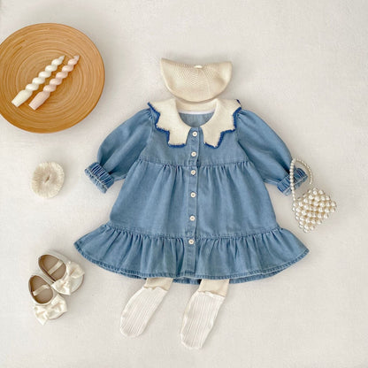 長袖ワンピース ニット襟デニム長袖ワンピース【mh0010503】