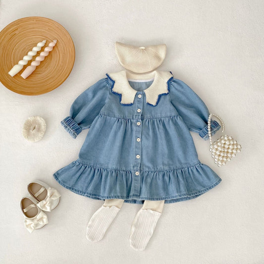 長袖ワンピース ニット襟デニム長袖ワンピース【mh0010503】