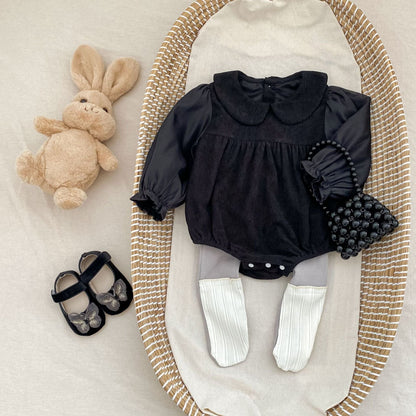 長袖ロンパース 丸襟ドッキング長袖ロンパース【mh0010504】