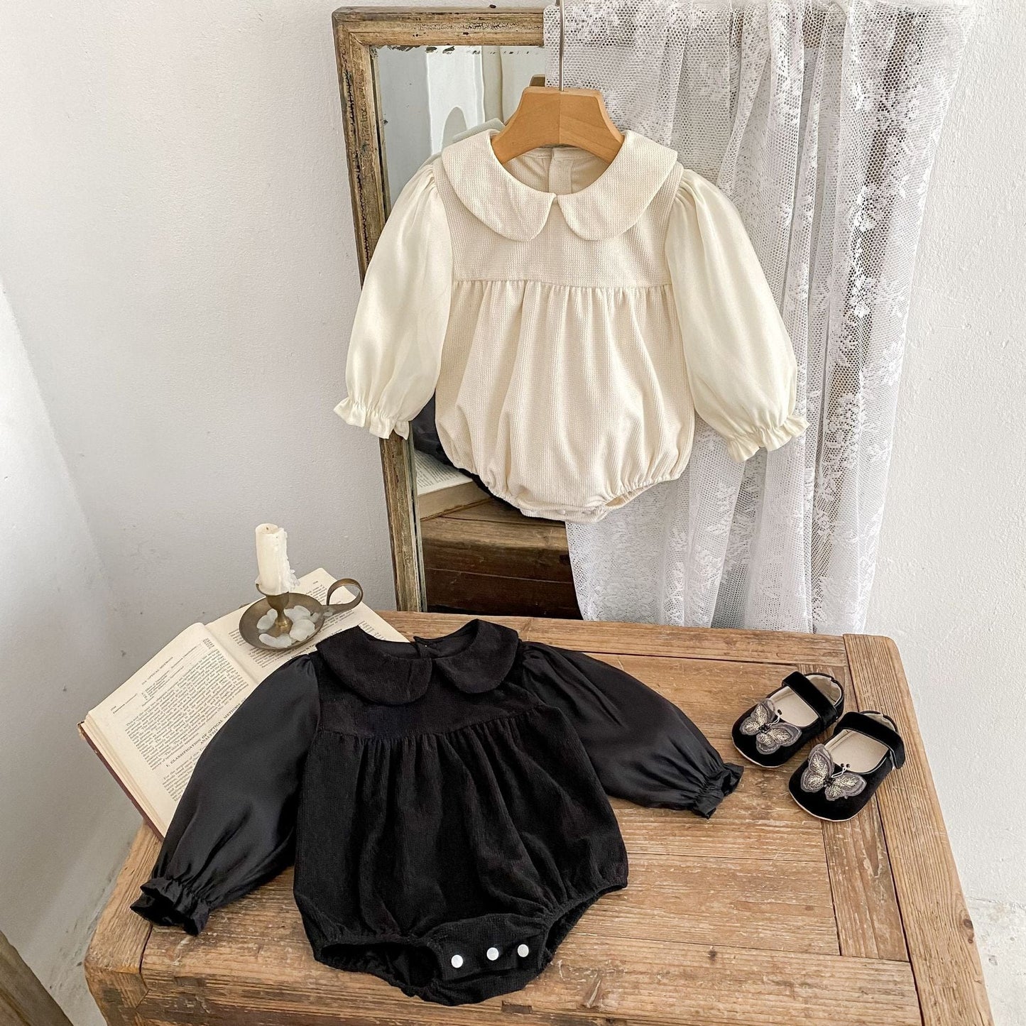 長袖ロンパース 丸襟ドッキング長袖ロンパース【mh0010504】