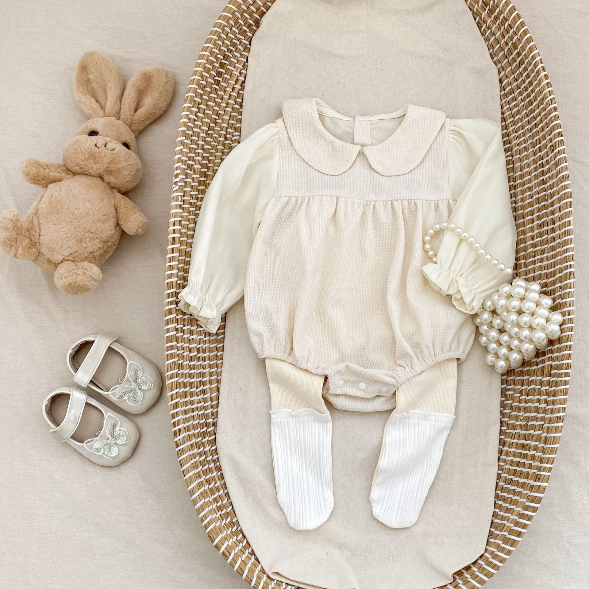 長袖ロンパース 丸襟ドッキング長袖ロンパース【mh0010504】