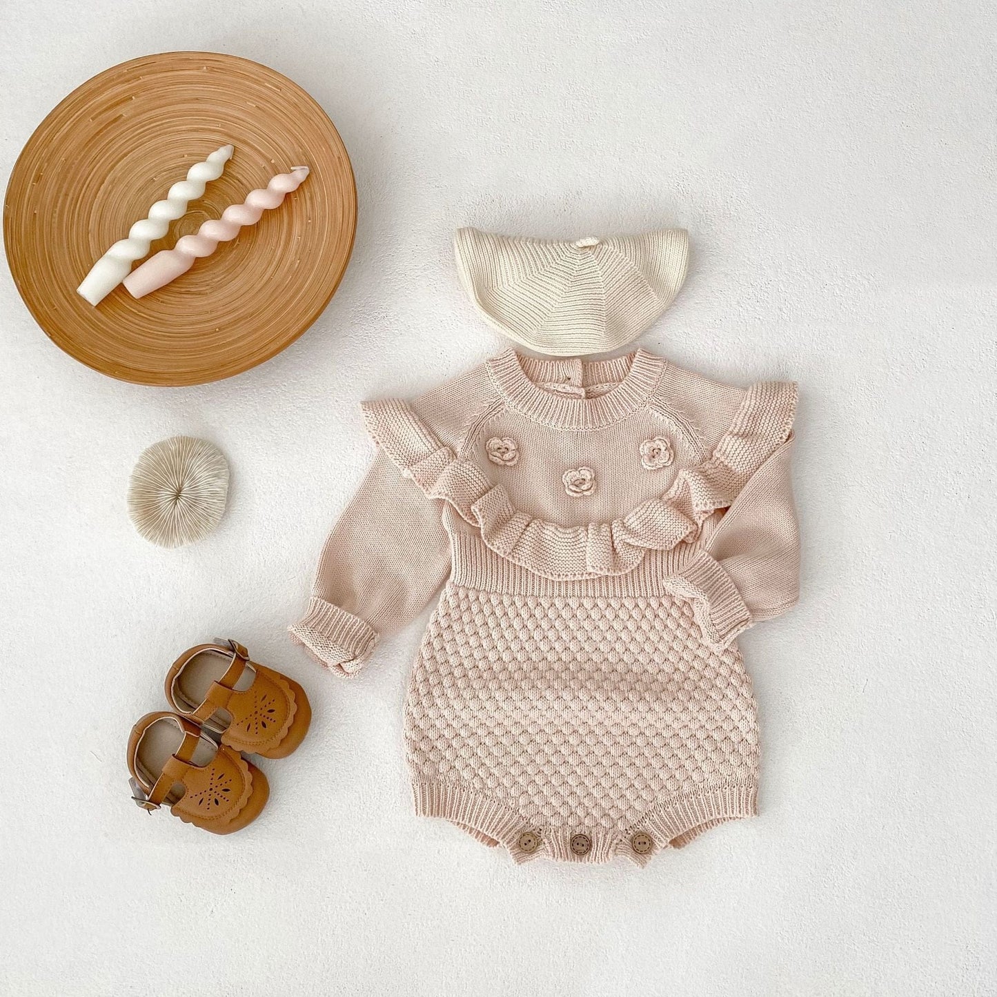 長袖ロンパース フラワー刺繍長袖ニットロンパース【mh0010509】