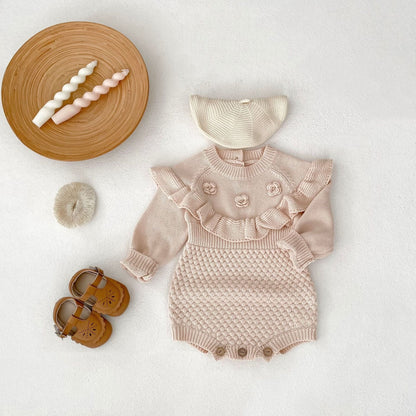 長袖ロンパース フラワー刺繍長袖ニットロンパース【mh0010509】