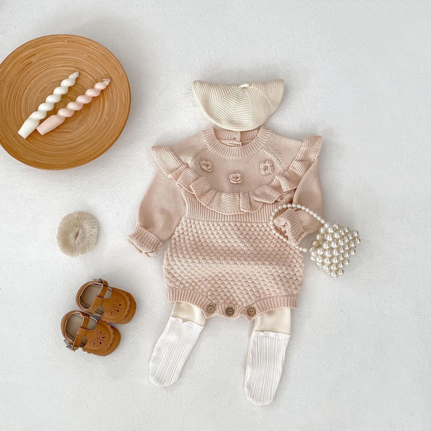 長袖ロンパース フラワー刺繍長袖ニットロンパース【mh0010509】