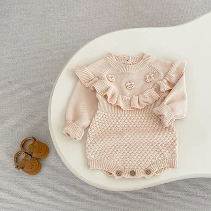 長袖ロンパース フラワー刺繍長袖ニットロンパース【mh0010509】