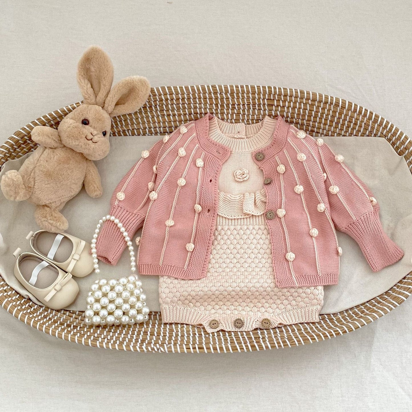 長袖ロンパース フラワー刺繍長袖ニットロンパース【mh0010509】