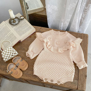 長袖ロンパース フラワー刺繍長袖ニットロンパース【mh0010509】