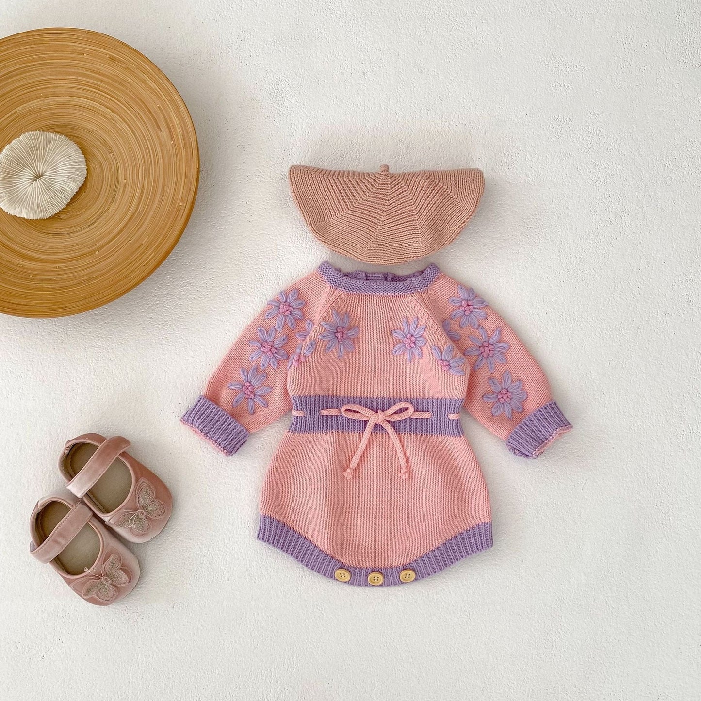 長袖ロンパース フラワーアクセントバイカラー長袖ニットロンパース【mh0010510】