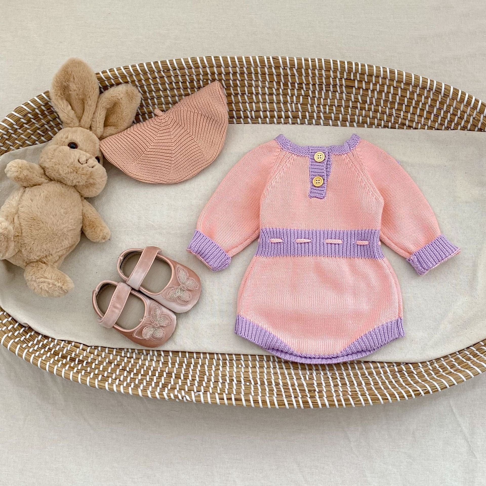 長袖ロンパース フラワーアクセントバイカラー長袖ニットロンパース【mh0010510】