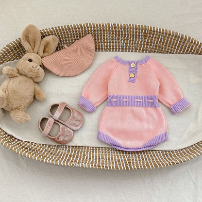 長袖ロンパース フラワーアクセントバイカラー長袖ニットロンパース【mh0010510】