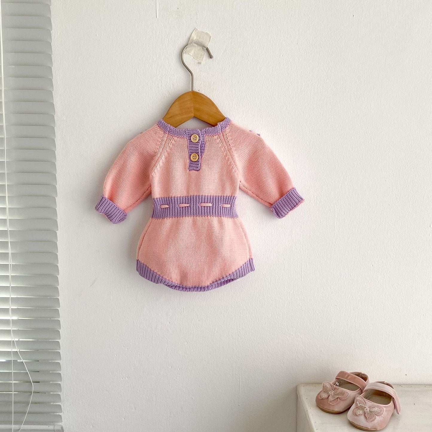 長袖ロンパース フラワーアクセントバイカラー長袖ニットロンパース【mh0010510】