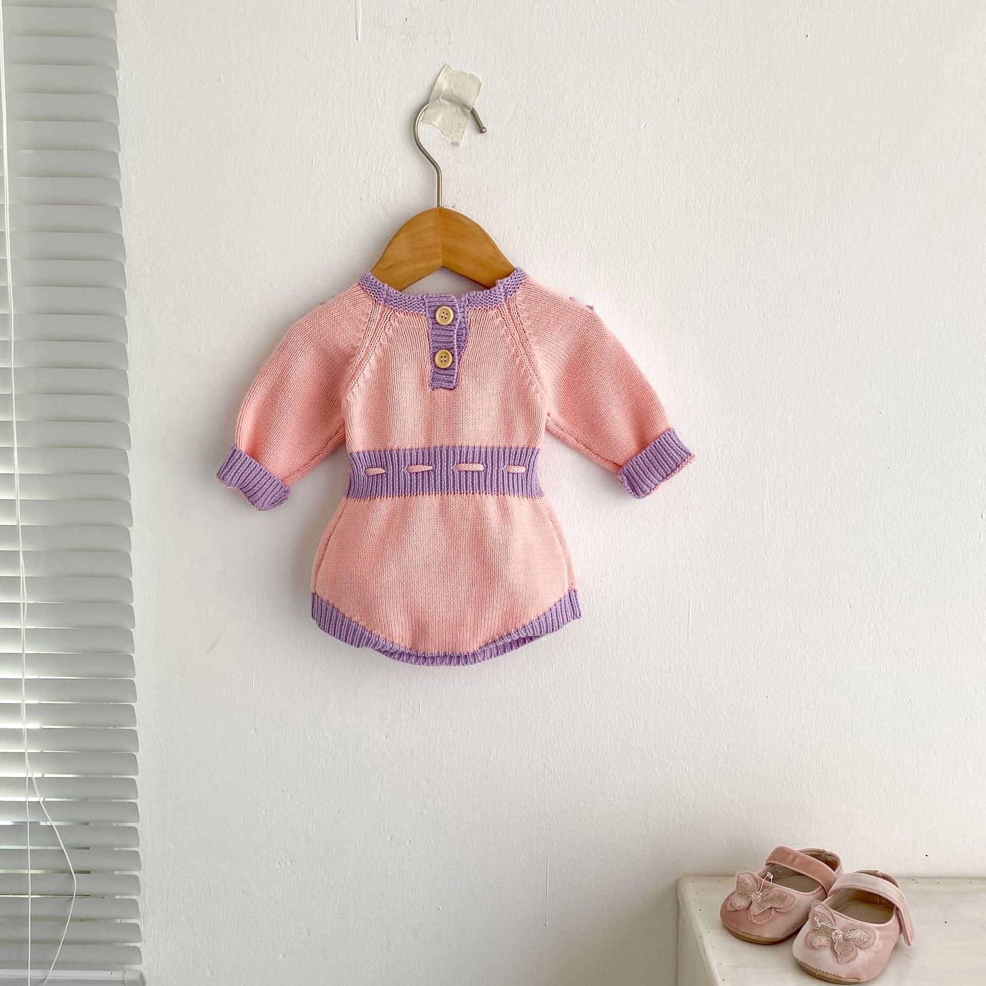 長袖ロンパース フラワーアクセントバイカラー長袖ニットロンパース【mh0010510】