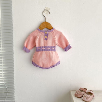 長袖ロンパース フラワーアクセントバイカラー長袖ニットロンパース【mh0010510】