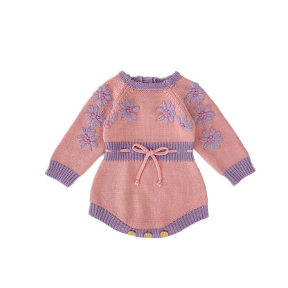 長袖ロンパース フラワーアクセントバイカラー長袖ニットロンパース【mh0010510】