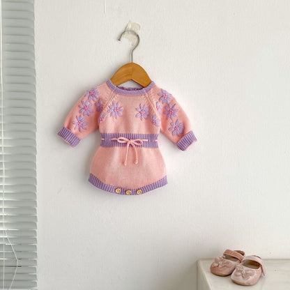 長袖ロンパース フラワーアクセントバイカラー長袖ニットロンパース【mh0010510】