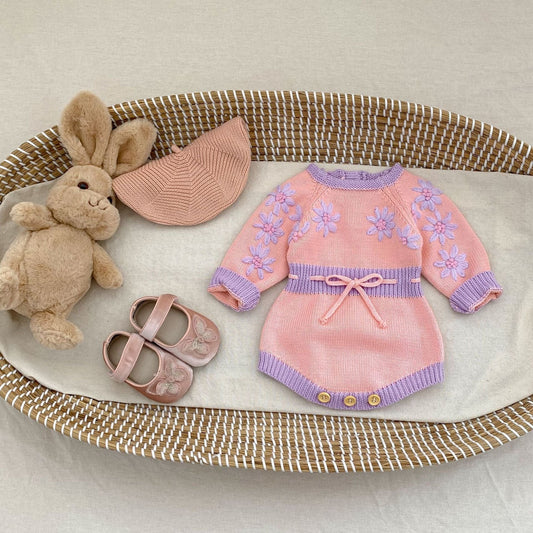 長袖ロンパース フラワーアクセントバイカラー長袖ニットロンパース【mh0010510】