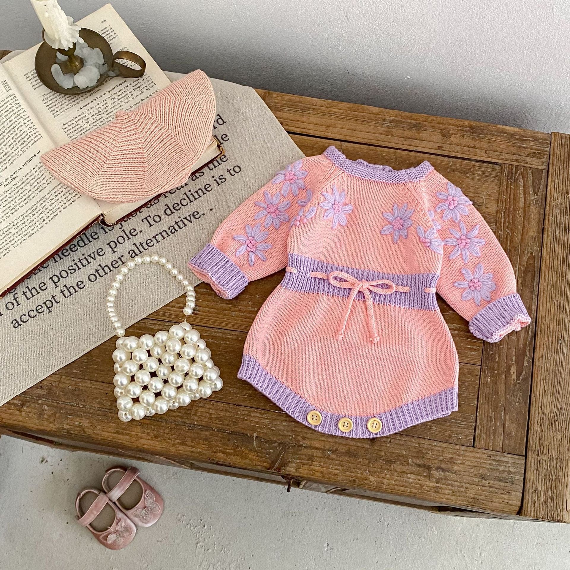 長袖ロンパース フラワーアクセントバイカラー長袖ニットロンパース【mh0010510】