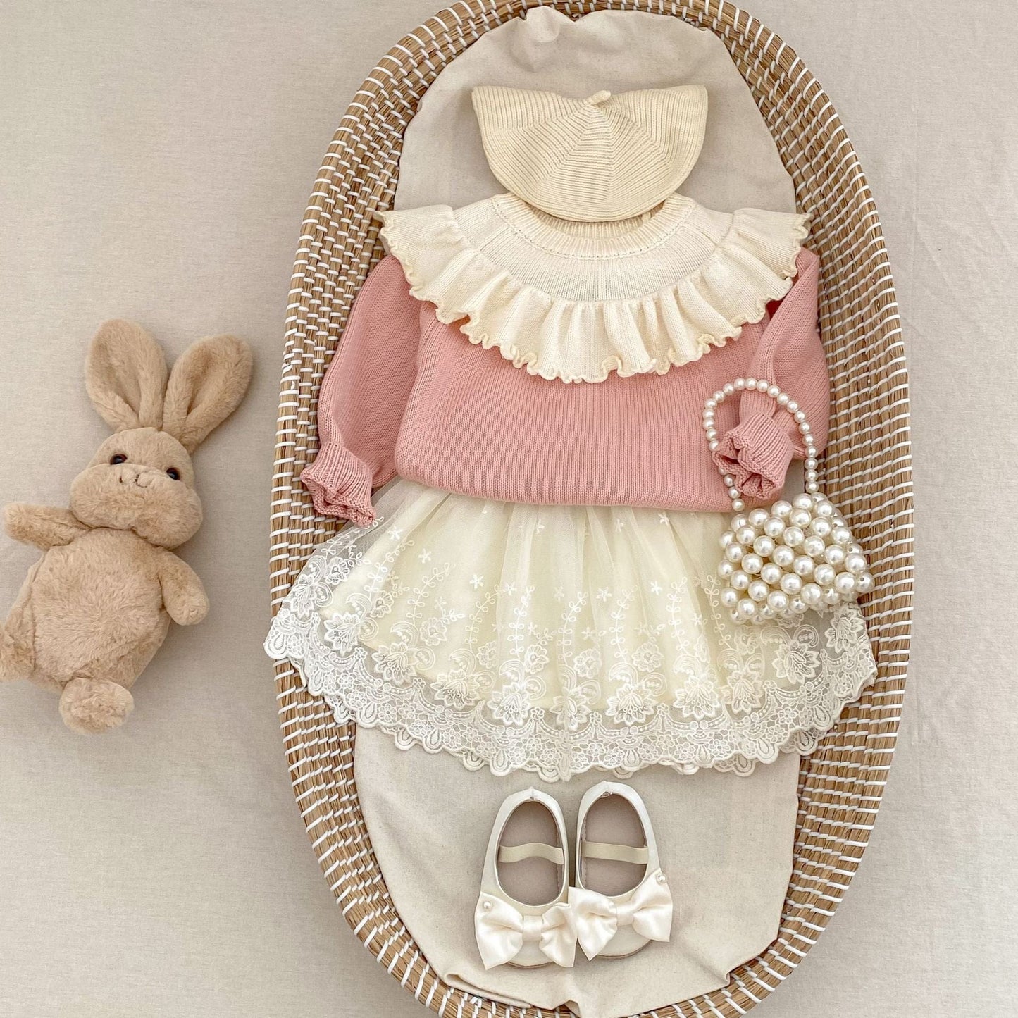 長袖セットアップ ケープ襟長袖ニットトップス/チュール刺繍レーススカート【mh0010512】