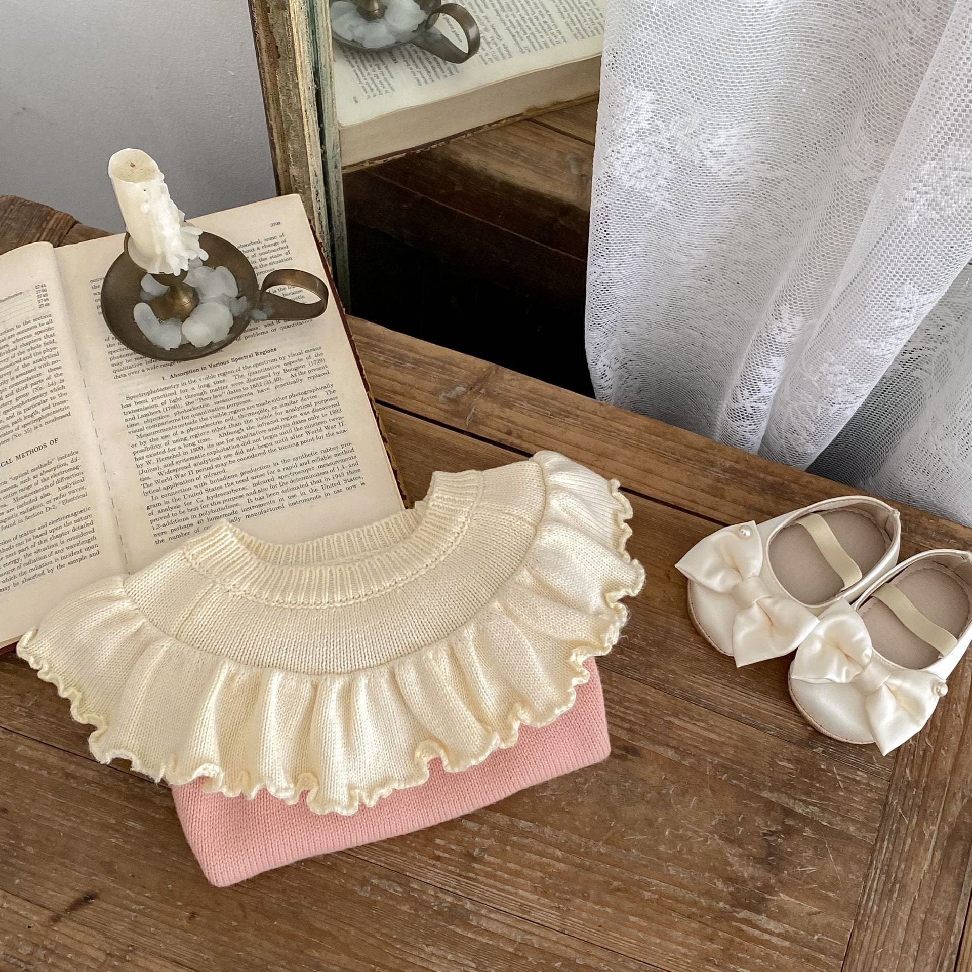 長袖セットアップ ケープ襟長袖ニットトップス/チュール刺繍レーススカート【mh0010512】