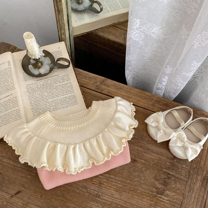 長袖セットアップ ケープ襟長袖ニットトップス/チュール刺繍レーススカート【mh0010512】