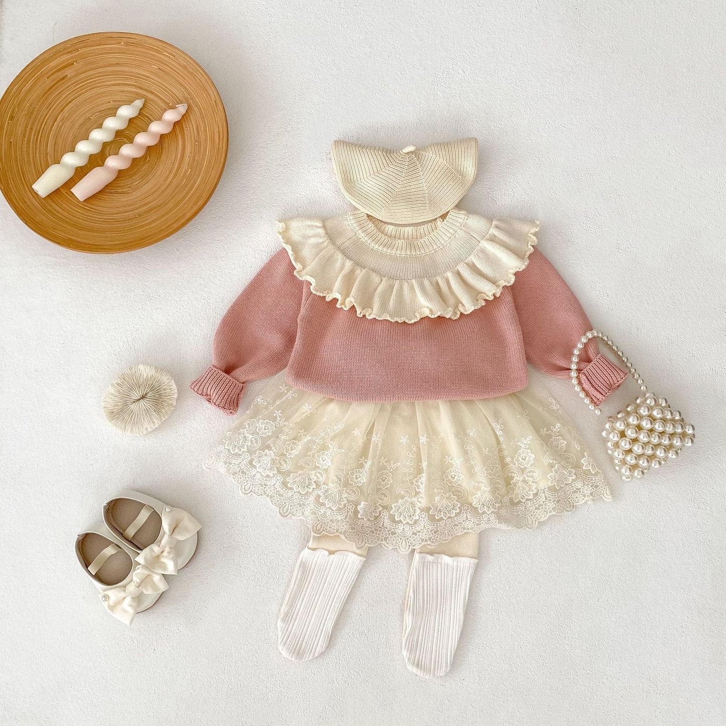 長袖セットアップ ケープ襟長袖ニットトップス/チュール刺繍レーススカート【mh0010512】