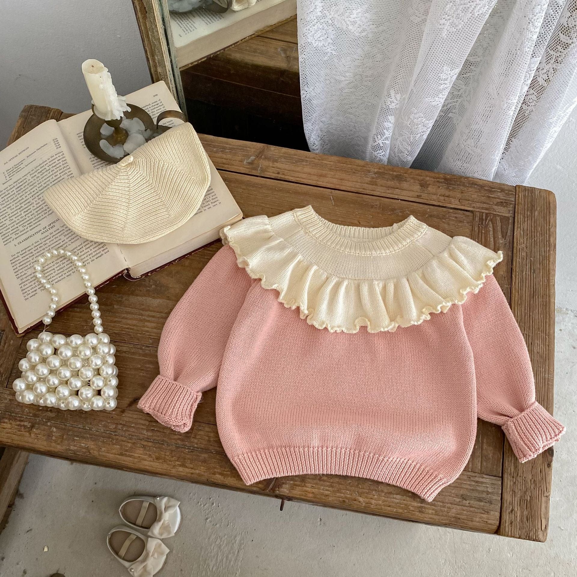 長袖セットアップ ケープ襟長袖ニットトップス/チュール刺繍レーススカート【mh0010512】