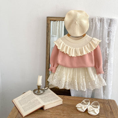 長袖セットアップ ケープ襟長袖ニットトップス/チュール刺繍レーススカート【mh0010512】