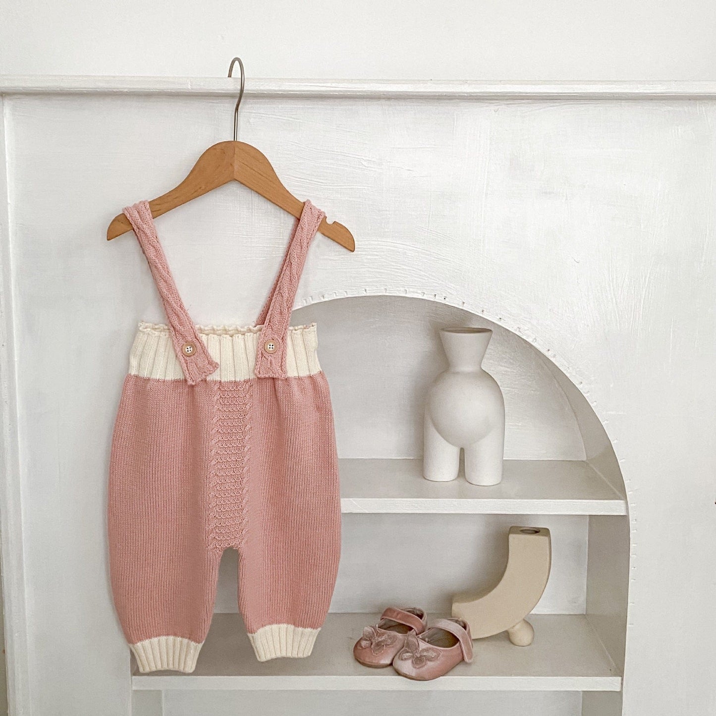 長袖セットアップ フラワープリント襟ニットトップス/ニットサスペンダーパンツ【mh0010513】