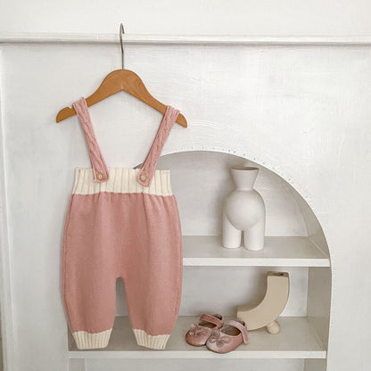 長袖セットアップ フラワープリント襟ニットトップス/ニットサスペンダーパンツ【mh0010513】