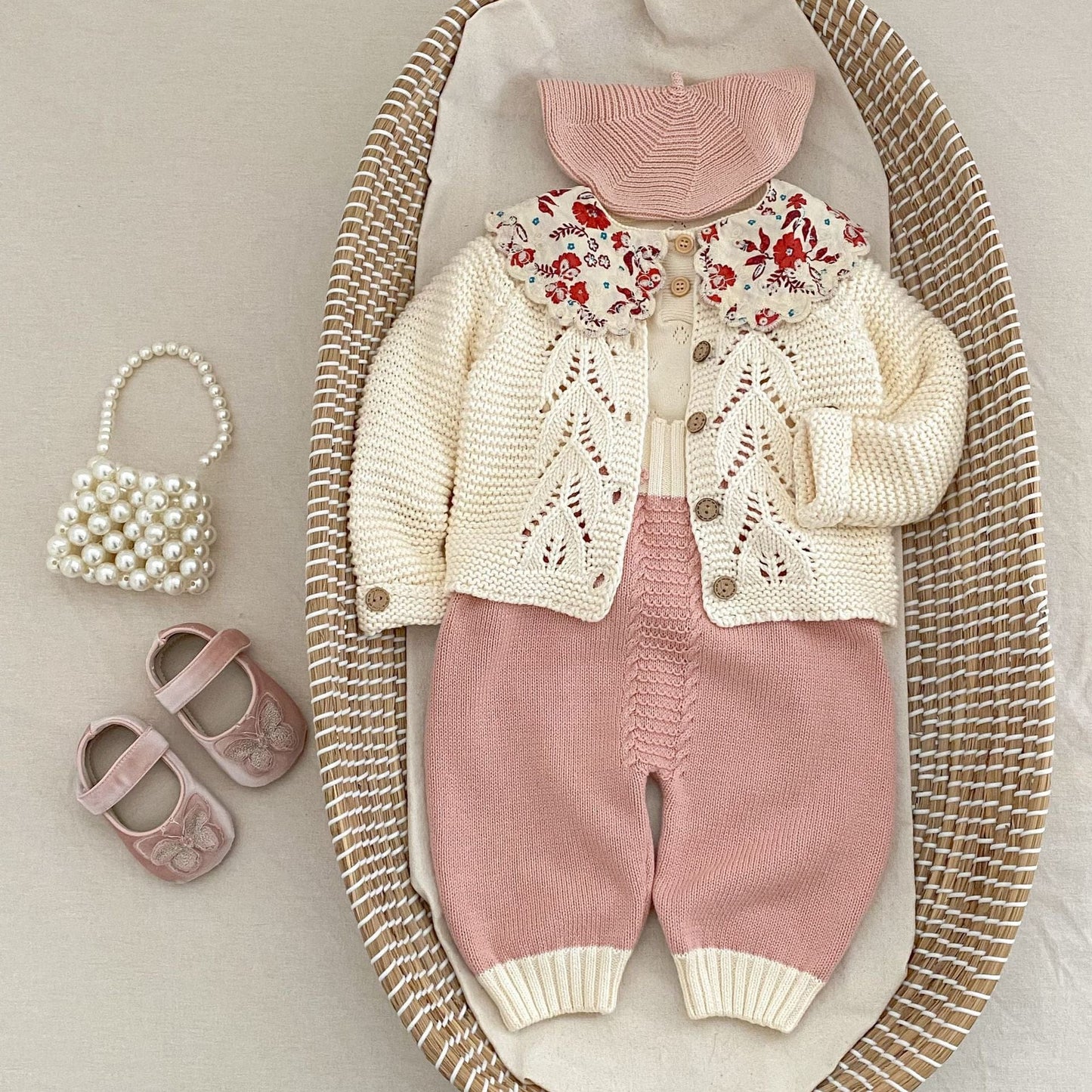 長袖セットアップ フラワープリント襟ニットトップス/ニットサスペンダーパンツ【mh0010513】