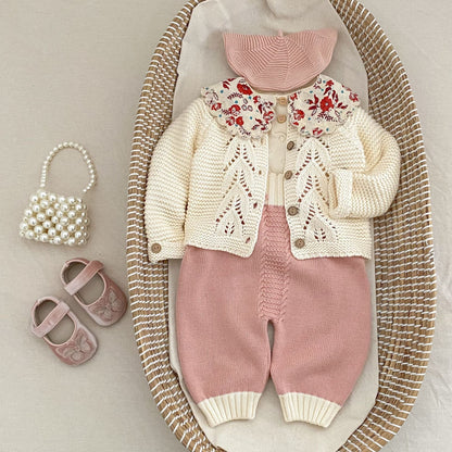 長袖セットアップ フラワープリント襟ニットトップス/ニットサスペンダーパンツ【mh0010513】