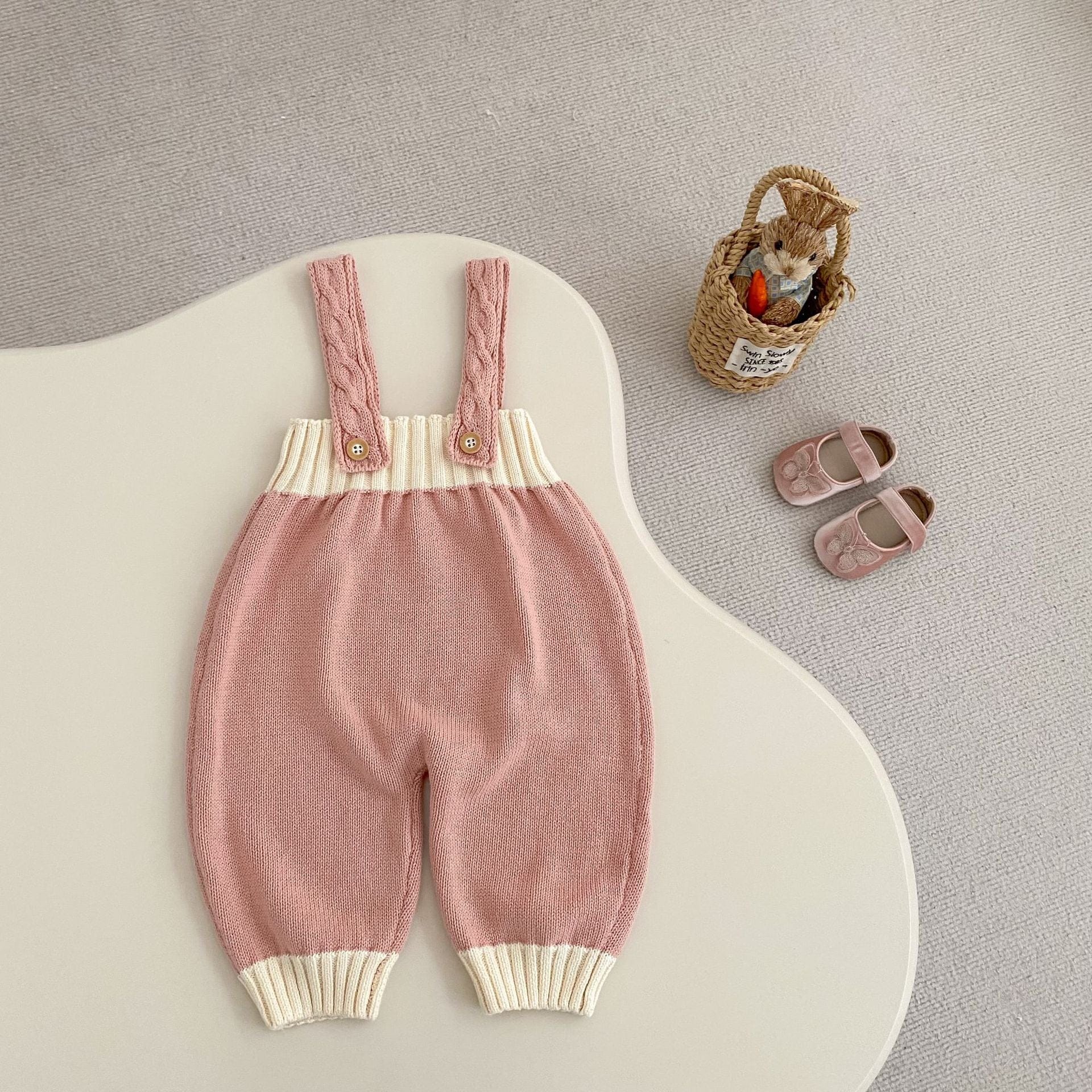 長袖セットアップ フラワープリント襟ニットトップス/ニットサスペンダーパンツ【mh0010513】