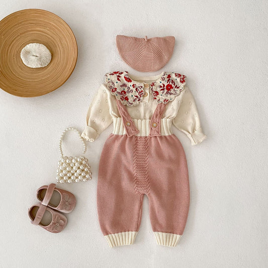 長袖セットアップ フラワープリント襟ニットトップス/ニットサスペンダーパンツ【mh0010513】