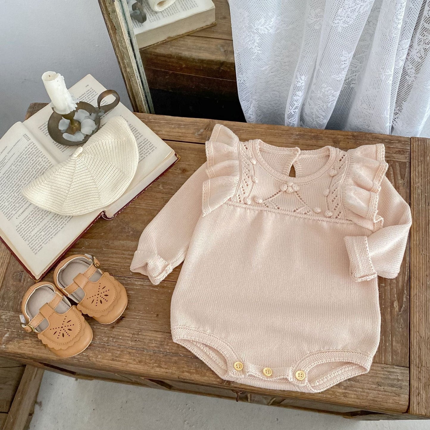 長袖ロンパース ニットショルダーフリル長袖ロンパース【mh0010515】