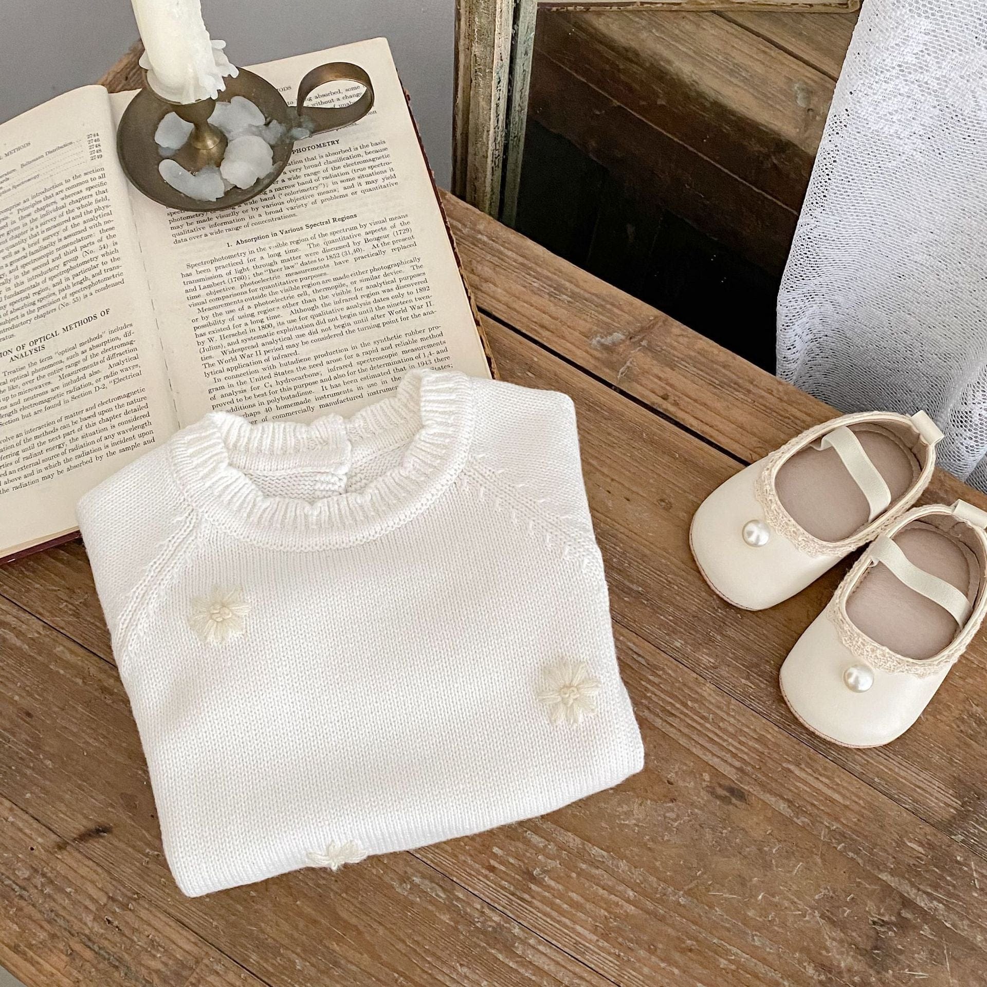 長袖ロンパース フラワー刺繍長袖ニットロンパース【mh0010516】