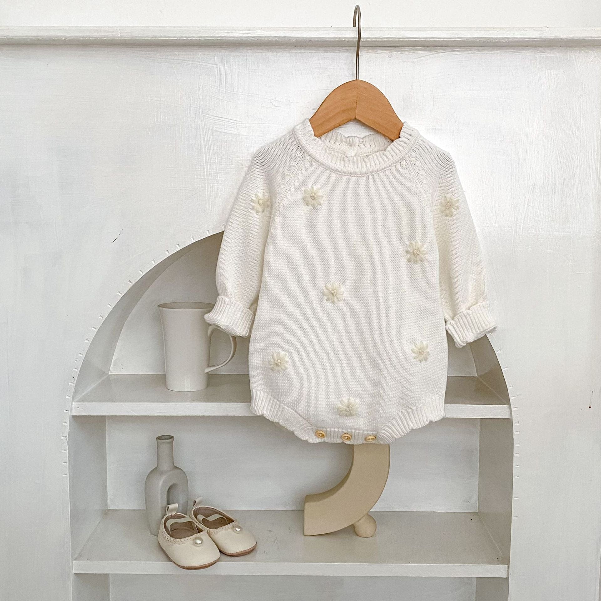 長袖ロンパース フラワー刺繍長袖ニットロンパース【mh0010516】