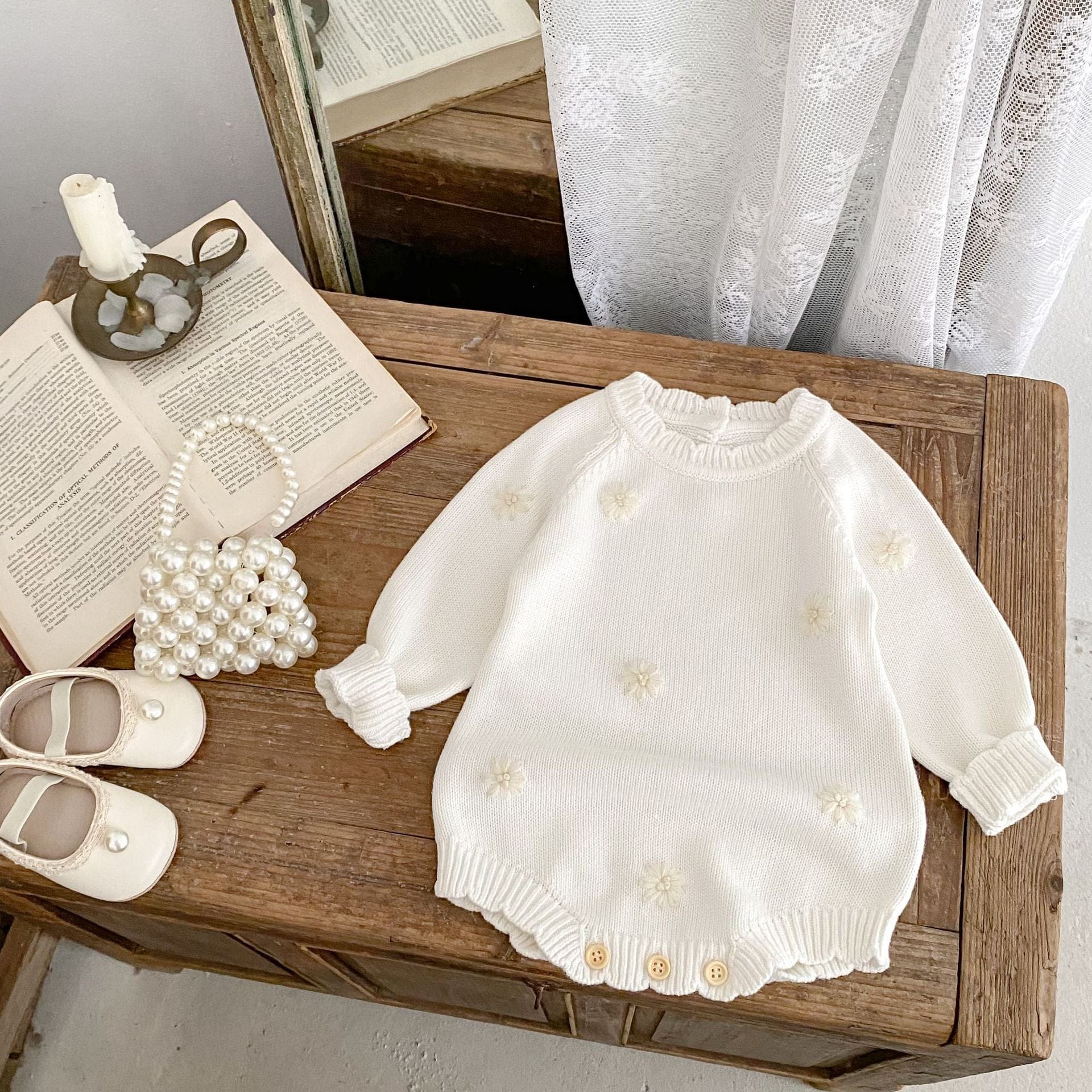 長袖ロンパース フラワー刺繍長袖ニットロンパース【mh0010516】