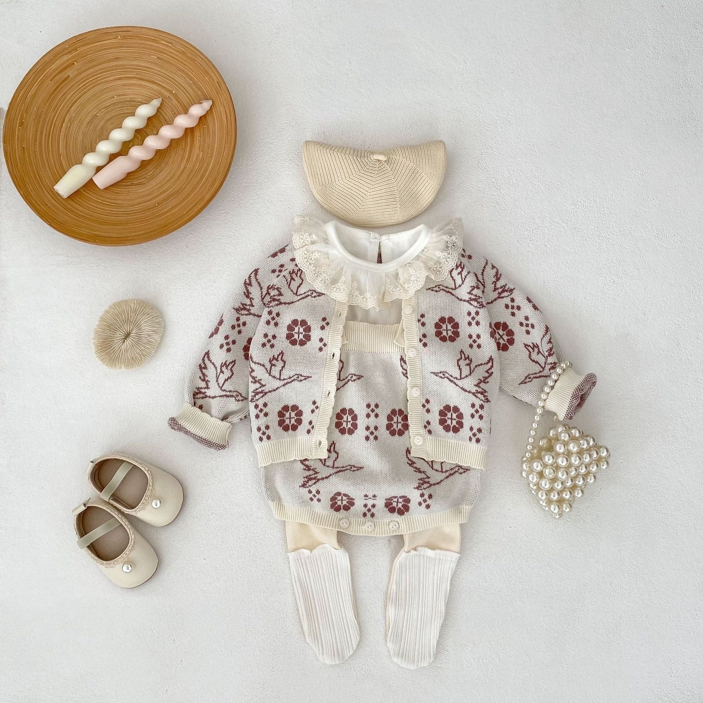 ロンパースセットアップ フラワーバードニット長袖カーディガン/サスペンダーニットロンパース【mh0010517】