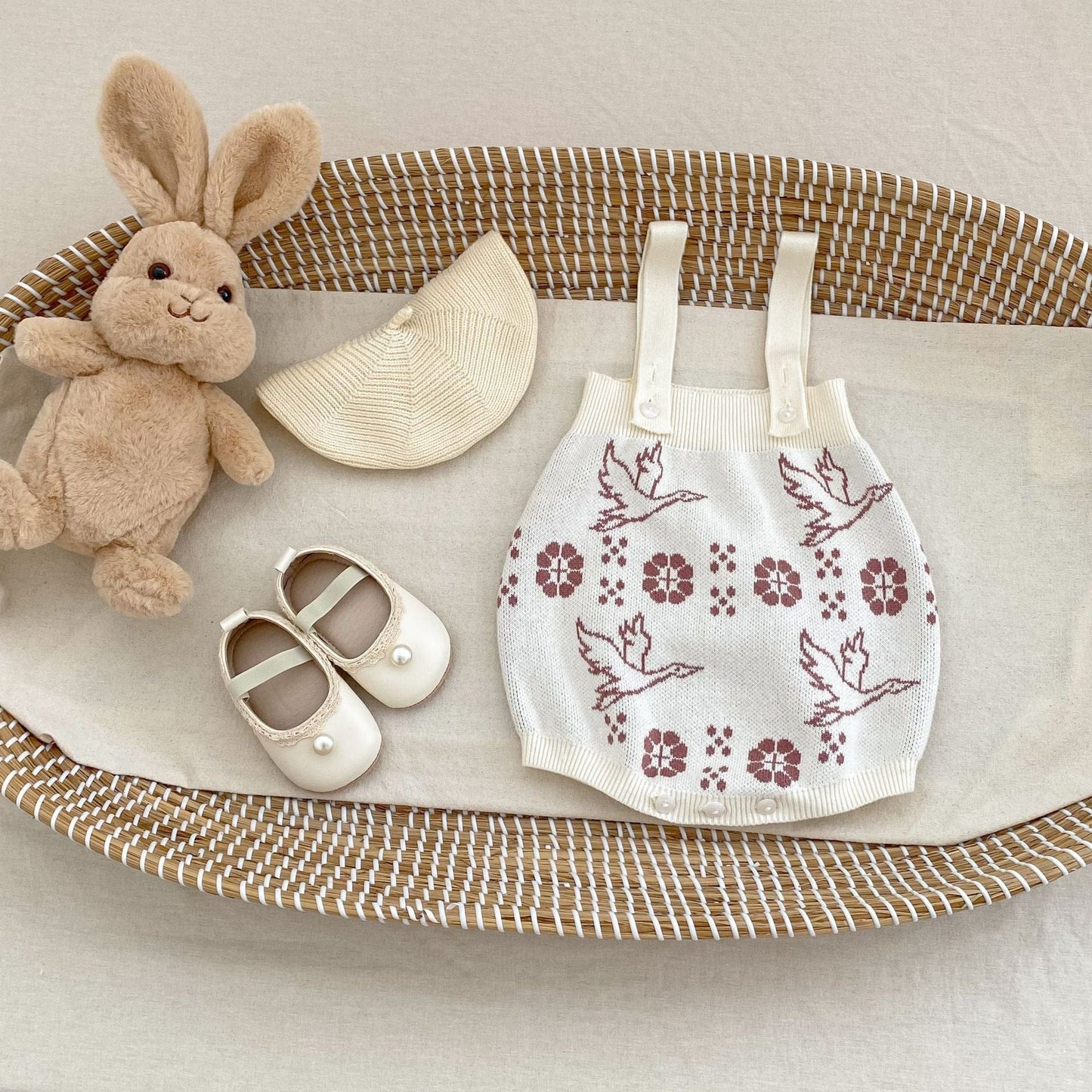 ロンパースセットアップ フラワーバードニット長袖カーディガン/サスペンダーニットロンパース【mh0010517】