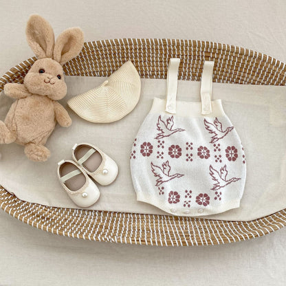 ロンパースセットアップ フラワーバードニット長袖カーディガン/サスペンダーニットロンパース【mh0010517】