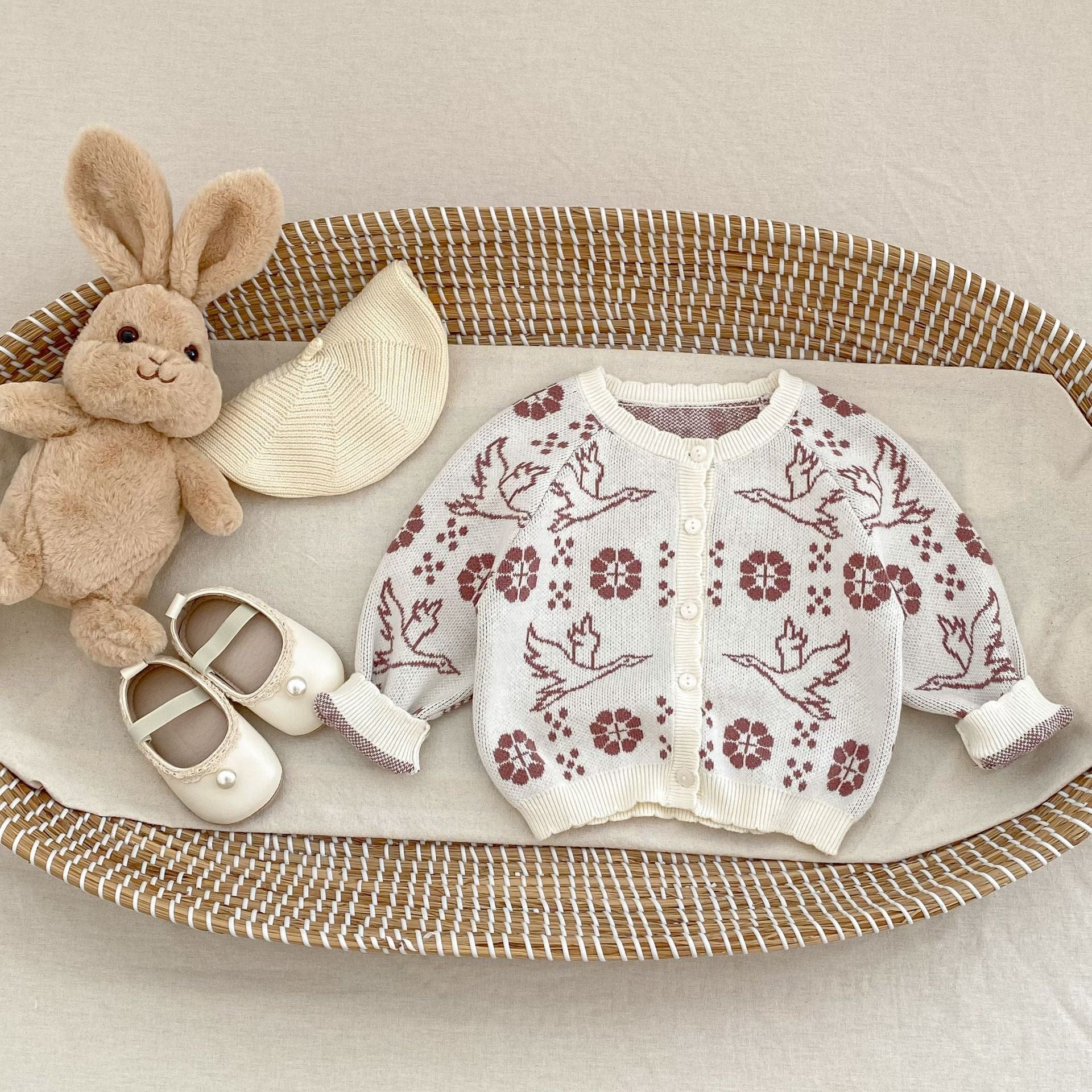 ロンパースセットアップ フラワーバードニット長袖カーディガン/サスペンダーニットロンパース【mh0010517】