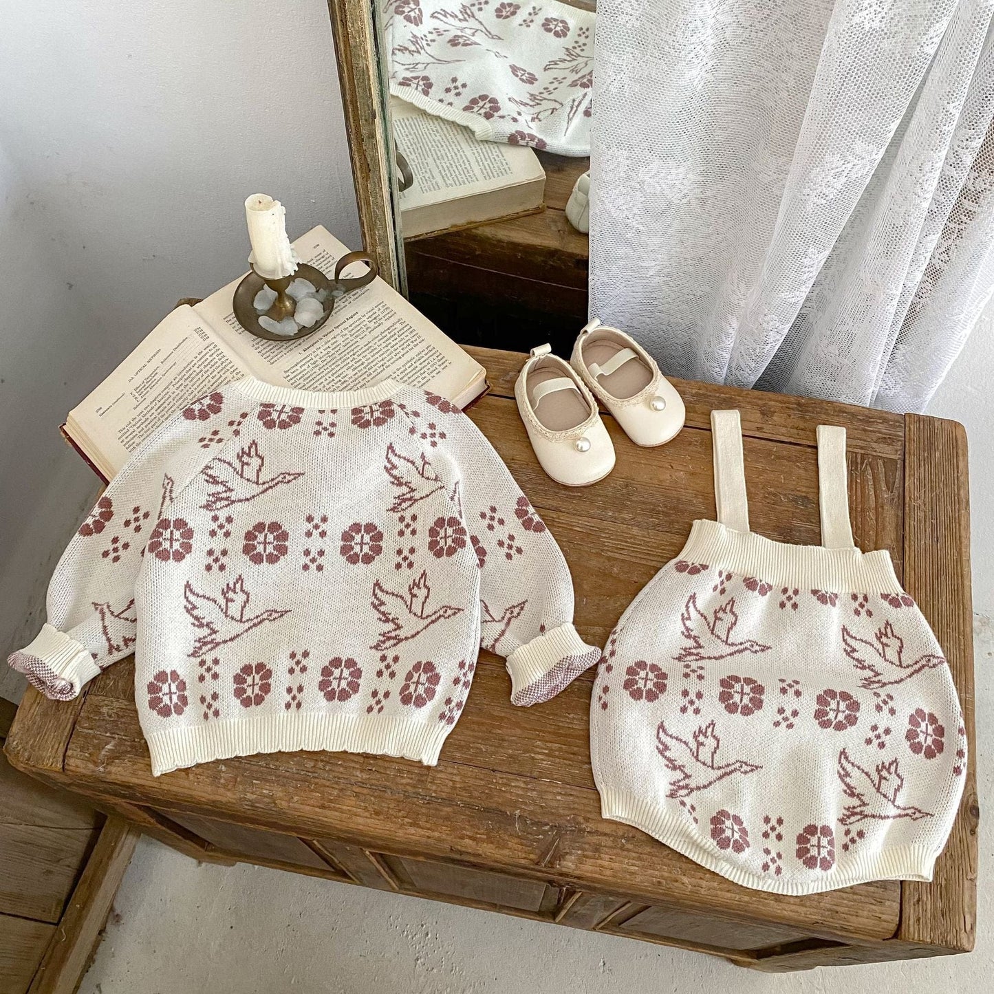 ロンパースセットアップ フラワーバードニット長袖カーディガン/サスペンダーニットロンパース【mh0010517】